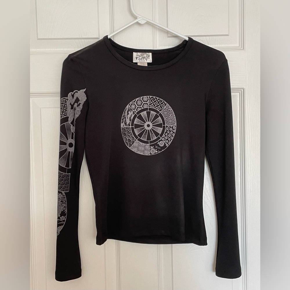 Vintage long-sleeve top with decoration on chest and right sleeve